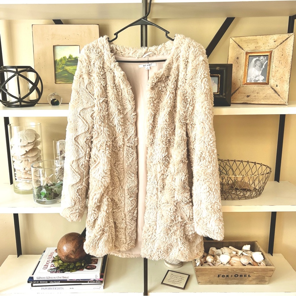 Oatmeal colored Long Fuzzy Jacket Small